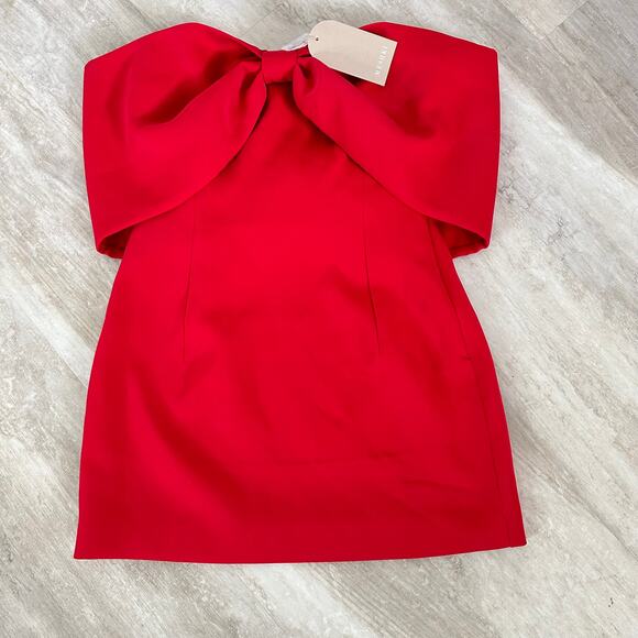 NEW Meshki Gwyneth Off Shoulder Bow Mini Dress in Red - Picture 3 of 11